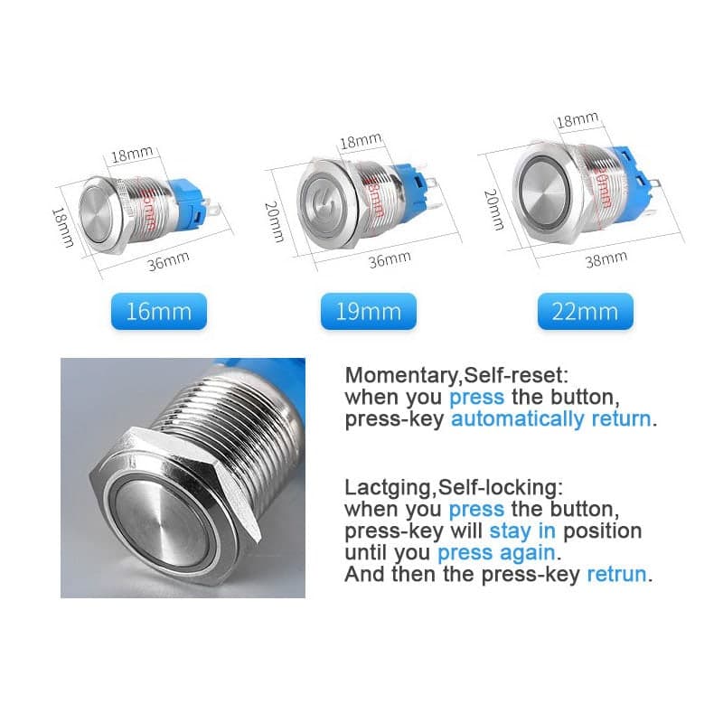 Illuminated Metal Push-Button Power Switch — LED Ring · IP65 · 16/19/22 mm - view 3